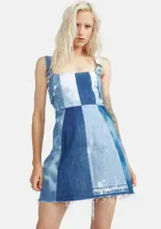 [Alzang] Reworked Denim Checkerboard Bleached Mini Dress
