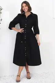 Waverly Midi Dress - Linen Button Down Dress in Black