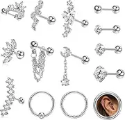 [Milacolato] 14 Pcs Stainless Steel Stud Earrings Set for Women Men Star Moon Snake 16G Cartilage Earrings Set Hypoallergenic Screw Back Earrings Helix Piercing Jewelry