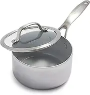 GreenPan Venice Pro Tri-Ply Stainless Steel Healthy Ceramic Nonstick 1.6QT Saucepan Pot with Lid, PFAS-Free, Multi Clad, Induction, Dishwasher Safe, Oven Safe, Silver
