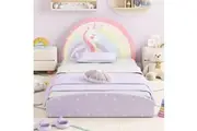 Giantex Single Floor Bed Frame Upholstered Twin Size Kids Bed w/Padded Boards Montessori Floor Bed Purple