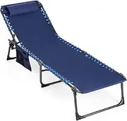 APLUSH Folding Chaise Lounge Chairs Outdoor Adjustable Beach Tanning Chaire with Detachable Pillow, Reclining Back Breathable Mesh Sun Lounger for Beach Pool Yard Patio Camping,Blue