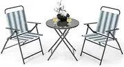 Giantex 3 Pcs Patio Bistro Set, Folding Table and Chairs Set, Metal Outdoor Dining Set with 2 Chairs, Glass Round Side Table, Conversation Furniture Set for Yard Porch Deck Backyard