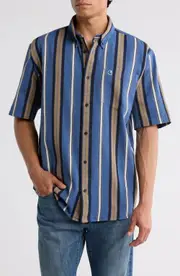 Carhartt Work In Progress Jarrell Stripe Short Sleeve Cotton Button-Down Shirt in Jarrell Stripe/Blue at Nordstrom, Size Medium