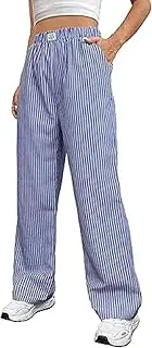 [Generic] Women's Straight Leg Wide Leg Pants with Striped Printed Letters and Patch Details high Waisted Fashionable Pants