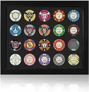 Poker Chip Display Frame for 20 Chips, 11.8"x9.8" with EVA Foam Lining & Black Flocked Fabric, Retro Casino Decor, Wall Mount or Tabletop Display