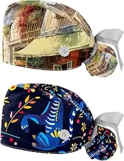 [YTYVAGT] 2-Pc,Nurse Scrub Caps,Scrub Hats with Buttons and Cotton Sweatband,European Architectural Landscape Country