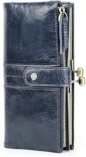 [CONTACTS] Leather Kiss Lock Wallet for Women CONTACT'S Kiss Clasp Clutch Wallet Zipper Coin Card Purse Blue Phone Holder with RFID