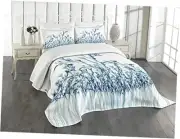 Flower Bedspread Set, Various Sized Flowers in Quilt Type 1 King Teal White