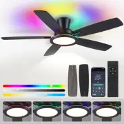 Flush Mount Ceiling Fan with RGB Light - 52In Black Ceiling Fan Light with Re...