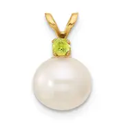 14k Yellow Gold 14k 8-8.5mm White Round Freshwater Cultured Pearl and .07PE Peridot Pendant