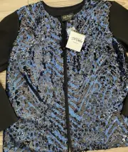 BOB MACKIE QVC Blue Jacket Sequin M Cocktail Wearable Art Full Zip