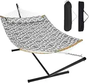 VEVOR Two Person Hammock with Stand Included, Double Hammock with Curved Spreader Bar and Detachable Pillow and Portable Carrying Bag, Perfect for Outdoor Freestanding Hammock, 480lb Capacity