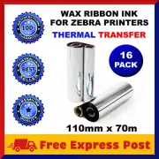 16 Rolls Wax Resin Ink Ribbons 110mm x 70m Thermal Transfer Zebra Printer Labels