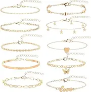 [GAFATORY] 10 PCS Gold Ankle Bracelets for Women Waterproof 14K Gold Plated Cuban Figaro Link Chain Anklets Set Summer Beach Jewelry for Women Adjustable Size, normal, yellow diamond