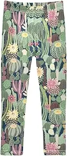[Joisal] Floral Cactus Green Girls Pants, Flexible for Winter Leggings for Girls, 4-10T