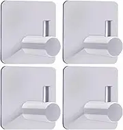 Biomoty Silver Adhesive Hooks, 4 Pack Wall Hooks Heavy Duty, Waterproof Sticky Hook for Hanging Towel, Key, Coat, Hat, Robe, Clothes, Towel Hook for Bathroom Kitchen Wall Mounted (Silver)