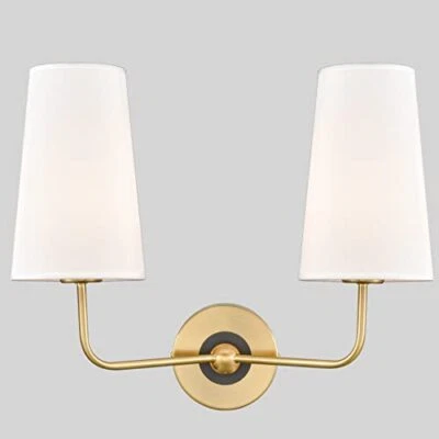 Vintage Wall Sconce Hardwired with Fabric Shade Double Sconce 2-Light Gold