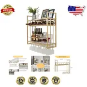 Art Deco Wall Wine Rack with Glass Holder - Modern Bar Shelf in Gold-2 Finish