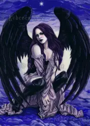 Fantasy Art Gothic Angel PRINT Black Wings Sexy Clouds Blue Purple Sky