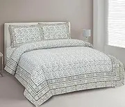 Marusthali Cotton Bed Sheets Queen Set Indian Style Jaipuri bedsheet Handmade Rajasthani Bed Sheet 180 tc Hand Block Bedspread 90 x 108 inches (Grey,Green)
