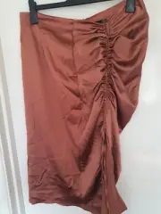 Boohoo Satin Ruched Side Split Midi Skirt and Crop Top co-ord Rust Size 16