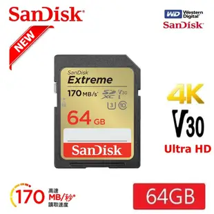 【SanDisk 晟碟】Extreme SDHC/SDXC UHS-1 U3 V30 64GB-256GB 記憶卡