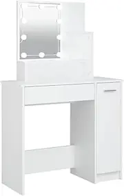 vidaXL Dressing Table with LED Indoor Bedroom Makeup Vanity Cosmetic Desk Jewellery Table with Drawer Storage Shelf Organiser White