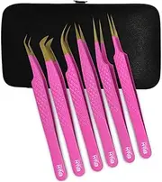 Precision Eyelash Tweezers Set for Extensions | Lash Tweezers | Eyelash Extension Tweezers | Professional Tweezers Set of 6 (Old Pink)