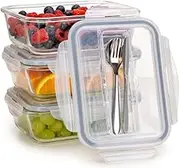 Glass Igluu Meal Prep Container with Lid and Utensils - Airtight SnapLock Lids - Portion Control Food Storage - BPA Free - Microwavable, Dishwasher, Freezer and Oven Safe [3 Pack]