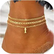 [KOHOTA] Initial Gold Ankle Bracelets for Women Waterproof 14K Gold Plated Anklets for Women Non Tarnish CZ Letter A-Z Dainty Layered Anklet Trendy Adjustable Foot Chain Set Summer Beach Jewelry Gifts