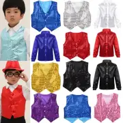 Kids Boys Glittery Party Costume Vests Sequins Waistcoat Shirt Modern Dancewear