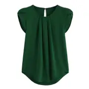 Catzon Womens Casual Round Neck Basic Pleated Top Short Sleeve Curved Keyhole Back Blouse-Green