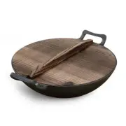 Soga 36Cm Commercial Cast Iron Wok Frypan Wooden Lid Non Stick Fry Pan