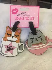 BETSEY JOHNSON DOG & CAT IN COFFEE CUPS LUGGAGE TAGS PURSE / BACKPACK TAGS NEW