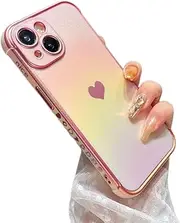 ZTOFERA for iPhone 15 Case 6.1 inch,Cute Colorful Iridescent Plating Edge Case with Love Hearts Pattern,Camera Lens Protection Shockproof Phone Case for Women Girls,Iridescent Pink