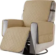 Recliner Chair Covers Fitted Recliner Sofa Slipcovers Reversible Washable Recliner Chair Protector with Elastic Adjustable Strap, Khaki/White