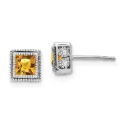 14k White Gold Square Citrine and Real Diamond Earrings