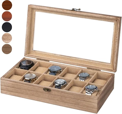 Watch Box, Watch Case for Men Women with Large Glass Lid, Wooden Watch Display S
