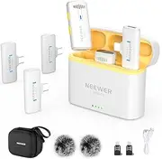 NEEWER Wireless Lavalier Microphone System for iPhone USB C Mini Clip on Lapel Mic with 2X Transmitter/4x Receiver/OTG Adapter 200m Long Range Compatible with Android Phone Tablet PC, White, KM20