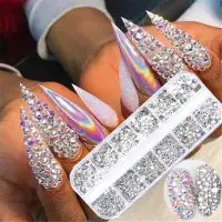 在飛比找蝦皮購物優惠-12 格水晶 AB 美甲水鑽套裝 3D 閃光指甲藝術裝飾寶石