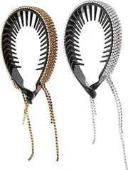 OFFIGAM Top Clip for Hair 2 Pack Rhinestone Bun Holders Ponytail Cuff Tassel Button for Women Fashion Hair Accessories for Wedding Prom Graduation