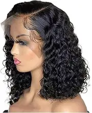 Curly Short Human Hair Wig Density Deep Wave Wigs 13×4 Lace Front Black Remy Wig For Women 12 14 Inch(150%,4X4 LACE WIG_16INCHES)