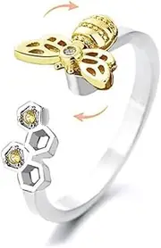[IMINI] Cute Bee Fidget Spinner Rings for Women Girls Anxiety Rotate Freely Inspirations Stress Relief Adjustable Open Ring Yellow CZ Lovely Honeycomb Eternity Promise Statement Fashion Jewelry Gifts,