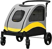 Dog Pram Stroller for Large Dogs / 2 Cats, Large Pet Stroller for Disabled Cats Dogs, Pet Gear Dog Carriage Travel Pushchair for Multiple Pet, Bearing Weight 130 Lbs(Yellow)