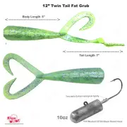 Fishing Chartreuse 12" Twin Tail Grub + 10oz Bullet Jighead 10/0 MUSTAD Hook