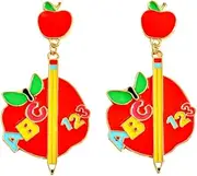 [Pingyongchang] Teacher Apple Dangle Earrings Fun Enamel Pencil Math Drop Earrings Back To School Teacher Appreciation Jewelry Gifts for Women Girls