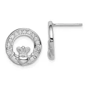 Sterling Silver Rhodium Plated Cz Claddagh Post Earrings