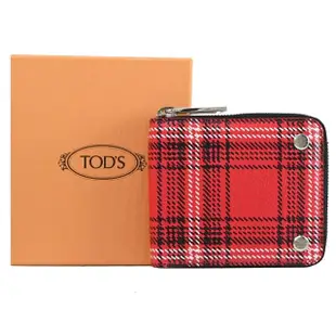 【TOD’S】TODS 經典LOGO英系格紋拼接雙層鈔票夾拉鍊零短夾(紅黑)