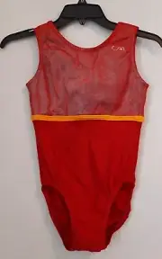 AMS Gymnastics Leotard Child Large CL Mystique Red, Lycra Red & line Yellow